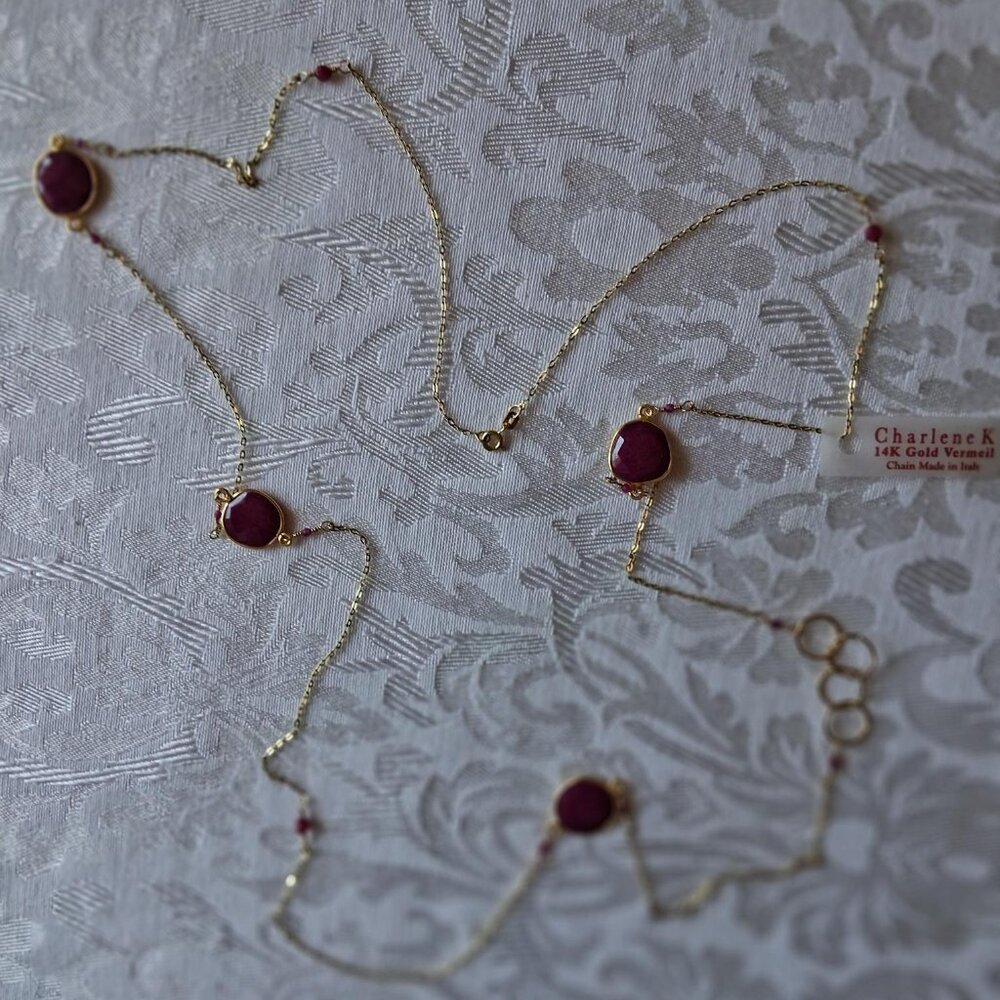 New Charlene K Genuine Red Sapphire 40" Gold Vermeil over Sterling Silver Italy